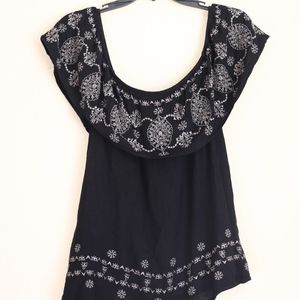 Boho Off the Shoulder Black Embroidered Top